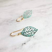 Aqua Leaf Earrings - patina earring, verdigris earring, cut out leaf earring, filigree leaf earring, small leaf earring, delicate earring - Constant Baubling
