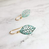 Aqua Leaf Earrings - patina earring, verdigris earring, cut out leaf earring, filigree leaf earring, small leaf earring, delicate earring - Constant Baubling