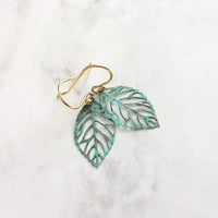 Aqua Leaf Earrings - patina earring, verdigris earring, cut out leaf earring, filigree leaf earring, small leaf earring, delicate earring - Constant Baubling