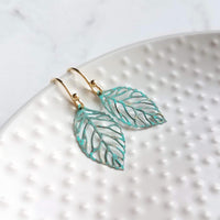Aqua Leaf Earrings - patina earring, verdigris earring, cut out leaf earring, filigree leaf earring, small leaf earring, delicate earring - Constant Baubling