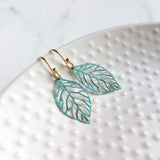 Aqua Leaf Earrings - patina earring, verdigris earring, cut out leaf earring, filigree leaf earring, small leaf earring, delicate earring - Constant Baubling
