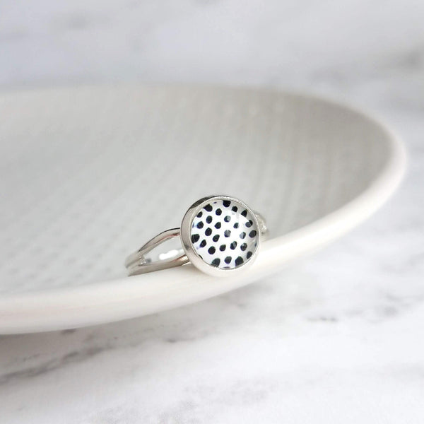Dalmatian Ring, silver ring, black white ring, black dot ring, black spots ring, pony ring, cow ring, 6 7 8 9, polka dot ring, leopard ring - Constant Baubling