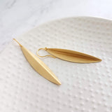 Long Gold Earrings, oval earring, simple gold earring, long simple gold earring, pod earring, folded leaf earring, long narrow earring - Constant Baubling