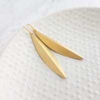 Long Gold Earrings, oval earring, simple gold earring, long simple gold earring, pod earring, folded leaf earring, long narrow earring - Constant Baubling