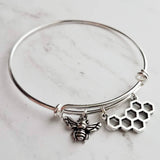 Bee & Honeycomb Silver Bangle Bracelet, honeybee bracelet, beehive bracelet, silver bangle, silver bee bracelet, silver cuff, beekeeper gift - Constant Baubling
