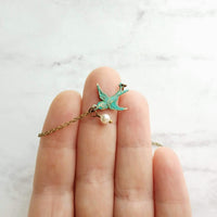 Little Bird Necklace, verdigris patina, antique brass chain, bronze necklace, blue green patina, flying bird necklace, pearl necklace, small - Constant Baubling