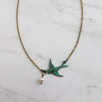 Little Bird Necklace, verdigris patina, antique brass chain, bronze necklace, blue green patina, flying bird necklace, pearl necklace, small - Constant Baubling