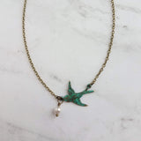 Little Bird Necklace, verdigris patina, antique brass chain, bronze necklace, blue green patina, flying bird necklace, pearl necklace, small - Constant Baubling
