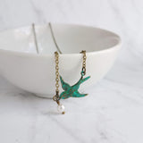 Little Bird Necklace, verdigris patina, antique brass chain, bronze necklace, blue green patina, flying bird necklace, pearl necklace, small - Constant Baubling