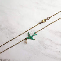 Little Bird Necklace, verdigris patina, antique brass chain, bronze necklace, blue green patina, flying bird necklace, pearl necklace, small - Constant Baubling