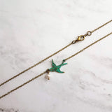 Little Bird Necklace, verdigris patina, antique brass chain, bronze necklace, blue green patina, flying bird necklace, pearl necklace, small - Constant Baubling