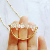 Crystal Necklace, clear quartz crystal pendant, stone pebble pendant, stone chip necklace, gold semicircle pendant, energy chakra long chain - Constant Baubling