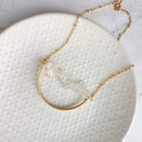 Crystal Necklace, clear quartz crystal pendant, stone pebble pendant, stone chip necklace, gold semicircle pendant, energy chakra long chain - Constant Baubling