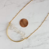 Crystal Necklace, clear quartz crystal pendant, stone pebble pendant, stone chip necklace, gold semicircle pendant, energy chakra long chain - Constant Baubling