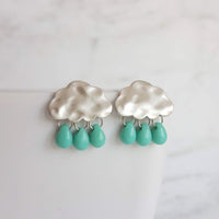 Silver Cloud Earrings - rain cloud earring, turquoise blue raindrop, sterling silver post, raindrop earring, storm earring, raining cloud - Constant Baubling