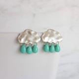 Silver Cloud Earrings - rain cloud earring, turquoise blue raindrop, sterling silver post, raindrop earring, storm earring, raining cloud - Constant Baubling