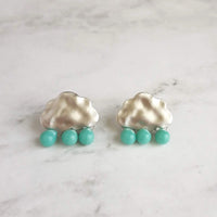 Silver Cloud Earrings - rain cloud earring, turquoise blue raindrop, sterling silver post, raindrop earring, storm earring, raining cloud - Constant Baubling