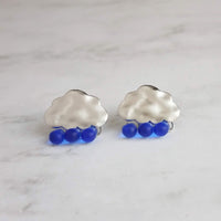Rain Cloud Earrings - silver cloud earring, blue raindrop, sterling silver post, raindrop earring, storm earring, tiny cobalt blue raindrop - Constant Baubling