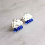 Rain Cloud Earrings - silver cloud earring, blue raindrop, sterling silver post, raindrop earring, storm earring, tiny cobalt blue raindrop - Constant Baubling
