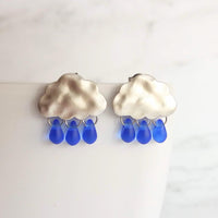 Rain Cloud Earrings - silver cloud earring, blue raindrop, sterling silver post, raindrop earring, storm earring, tiny cobalt blue raindrop - Constant Baubling