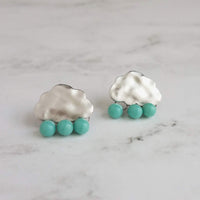 Silver Cloud Earrings - rain cloud earring, turquoise blue raindrop, sterling silver post, raindrop earring, storm earring, raining cloud - Constant Baubling