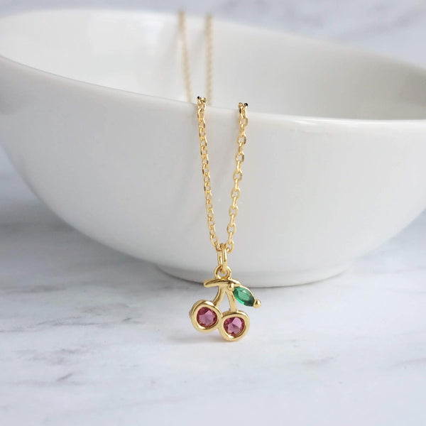 Gold Cherry Necklace, Michigan cherries necklace, pink cherry pendant necklace, cherry charm necklace, cherry jewelry, crystal cherry - Constant Baubling
