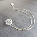 Faux Herkimer Diamond Necklace - ice quartz stone style clear glass faceted slider bead - silver plated chain - winter cool crackled cube - Constant Baubling