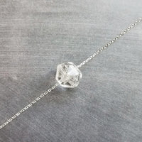 Faux Herkimer Diamond Necklace - ice quartz stone style clear glass faceted slider bead - silver plated chain - winter cool crackled cube - Constant Baubling