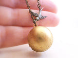 Bird Locket Necklace - sparrow charm in aged dark brass - long 20 inch delicate antique bronze chain - round ball pendant sphere secret gift - Constant Baubling