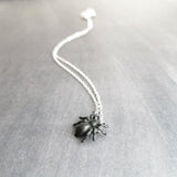 Black Spider Necklace - Halloween necklace, arachnid necklace, little spider necklace, silver spider necklace, spider pendant, small spider - Constant Baubling