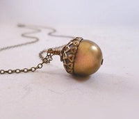 Golden Acorn Necklace, Swarovski pearl necklace, oak tree necklace, seed necklace, antique bronze chain, brass acorn pendant, squirrel nut - Constant Baubling