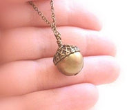 Golden Acorn Necklace, Swarovski pearl necklace, oak tree necklace, seed necklace, antique bronze chain, brass acorn pendant, squirrel nut - Constant Baubling