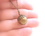 Golden Acorn Necklace, Swarovski pearl necklace, oak tree necklace, seed necklace, antique bronze chain, brass acorn pendant, squirrel nut - Constant Baubling