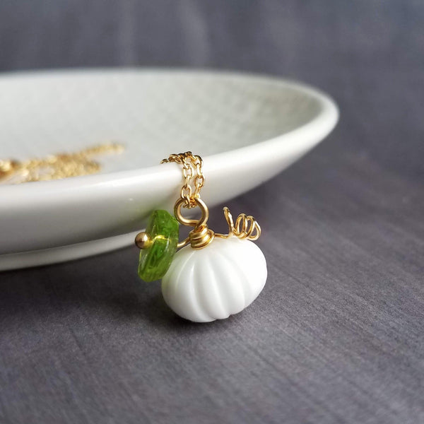White Pumpkin Necklace, Halloween necklace, fall necklace, pumpkin pendant, pumpkin charm, gold white pumpkin necklace, small gold pumpkin - Constant Baubling
