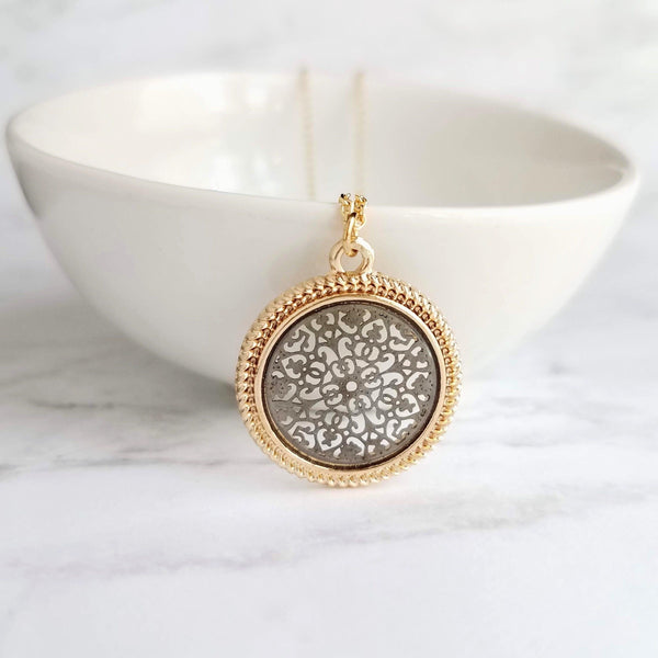 Gold Black Medallion Necklace, gold medallion pendant, cut out pendant, filigree necklace, round medallion necklace lacy black gold necklace - Constant Baubling