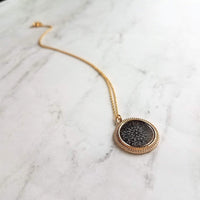 Gold Black Medallion Necklace, gold medallion pendant, cut out pendant, filigree necklace, round medallion necklace lacy black gold necklace - Constant Baubling