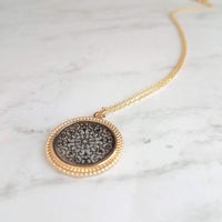 Gold Black Medallion Necklace, gold medallion pendant, cut out pendant, filigree necklace, round medallion necklace lacy black gold necklace - Constant Baubling