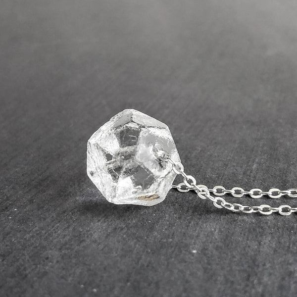 Faux Herkimer Diamond Necklace - ice quartz stone style clear glass faceted slider bead - silver plated chain - winter cool crackled cube - Constant Baubling