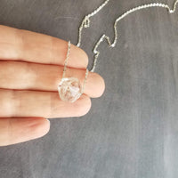 Faux Herkimer Diamond Necklace - ice quartz stone style clear glass faceted slider bead - silver plated chain - winter cool crackled cube - Constant Baubling