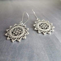 Silver Medallion Earrings, mandala earring, doily earring, lace earring, lacy earring, filigree earring, floral medallion, Boho earring - Constant Baubling