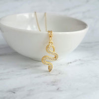 Gold Snake Necklace, crystal snake necklace, snake pendant, gold snake charm, diamond snake necklace, curved snake, CZ snake, winding snake - Constant Baubling