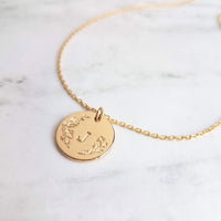 Gold Initial Necklace, personalized necklace, hand stamped necklace, gold letter necklace, gold disk necklace, round floral pendant necklace - Constant Baubling