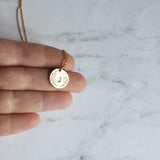 Gold Initial Necklace, personalized necklace, hand stamped necklace, gold letter necklace, gold disk necklace, round floral pendant necklace - Constant Baubling
