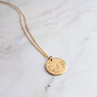 Gold Initial Necklace, personalized necklace, hand stamped necklace, gold letter necklace, gold disk necklace, round floral pendant necklace - Constant Baubling