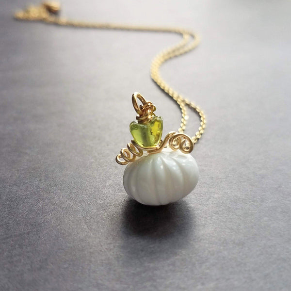 Gold White Pumpkin Necklace, Halloween necklace, fall necklace, pumpkin pendant, pumpkin charm, gold white pumpkin necklace, small pumpkin - Constant Baubling