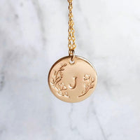 Gold Initial Necklace, personalized necklace, hand stamped necklace, gold letter necklace, gold disk necklace, round floral pendant necklace - Constant Baubling