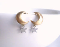 Gold Moon Earrings, star dangle earring, crescent moon earring, moon star earring, moon stud, tiny moon earring, sterling silver post, wish - Constant Baubling