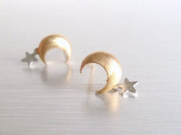 Gold Moon Earrings, star dangle earring, crescent moon earring, moon star earring, moon stud, tiny moon earring, sterling silver post, wish - Constant Baubling