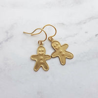 Gingerbread Men Earrings, gold dangle, little brass boy, cookie earring, small gingerbread, 14K SOLID GOLD hook opt, Christmas jewelry, Xmas - Constant Baubling