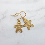 Gingerbread Men Earrings, gold dangle, little brass boy, cookie earring, small gingerbread, 14K SOLID GOLD hook opt, Christmas jewelry, Xmas - Constant Baubling
